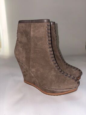 Isola Zurich Brown Suede Wedge Ankle Boots with Braided Trim